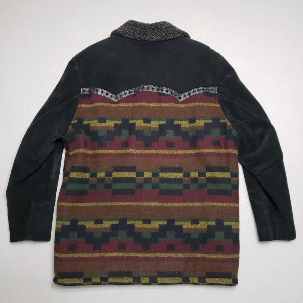 Cripple Creek Mens Jacket Large Suede‎ Leather Southwestern Aztec Sherpa VTG